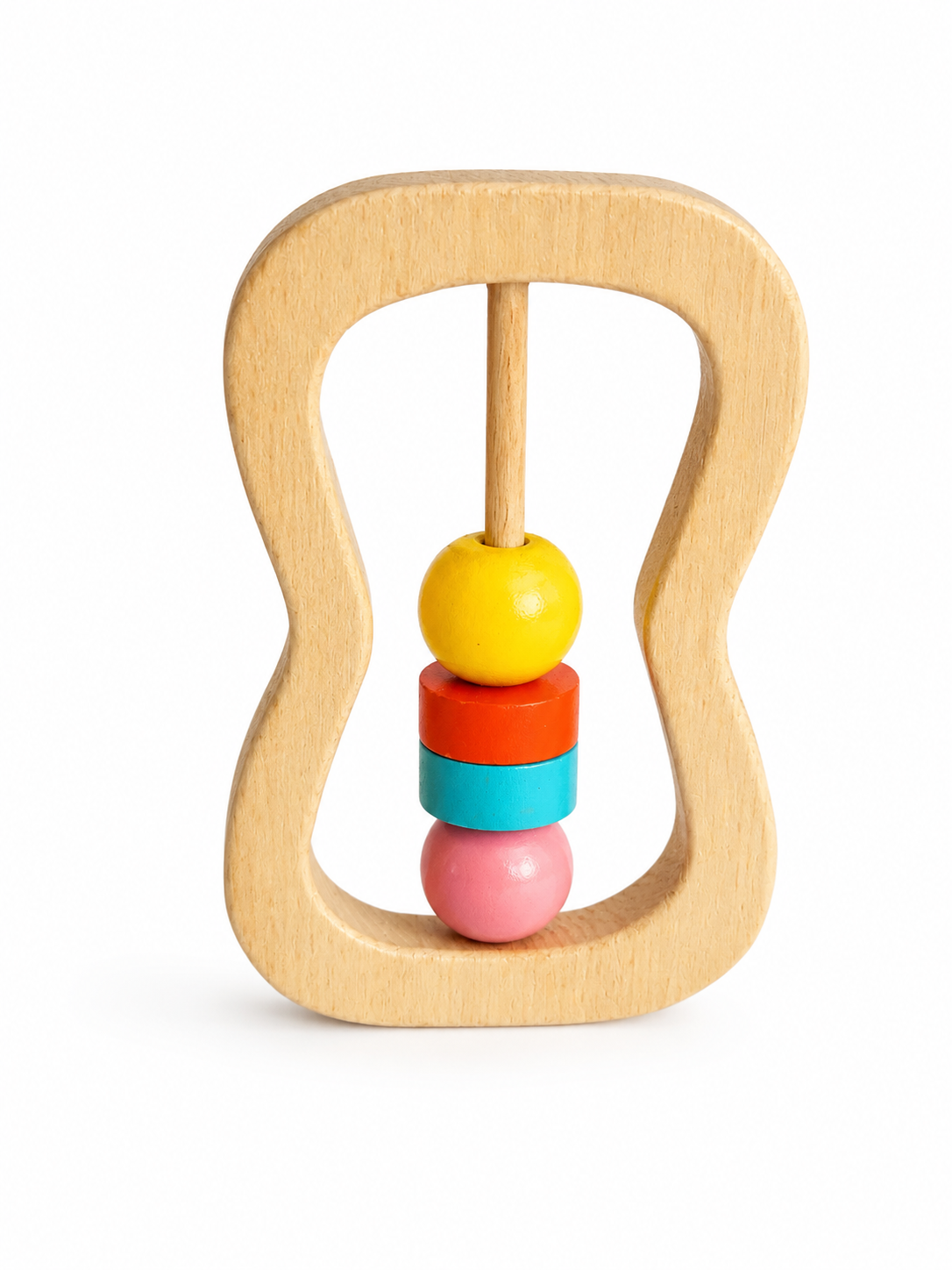 4-teiliges Babyspielzeug-Set aus Holz – Beißring für das Handgelenk und Glöckchen