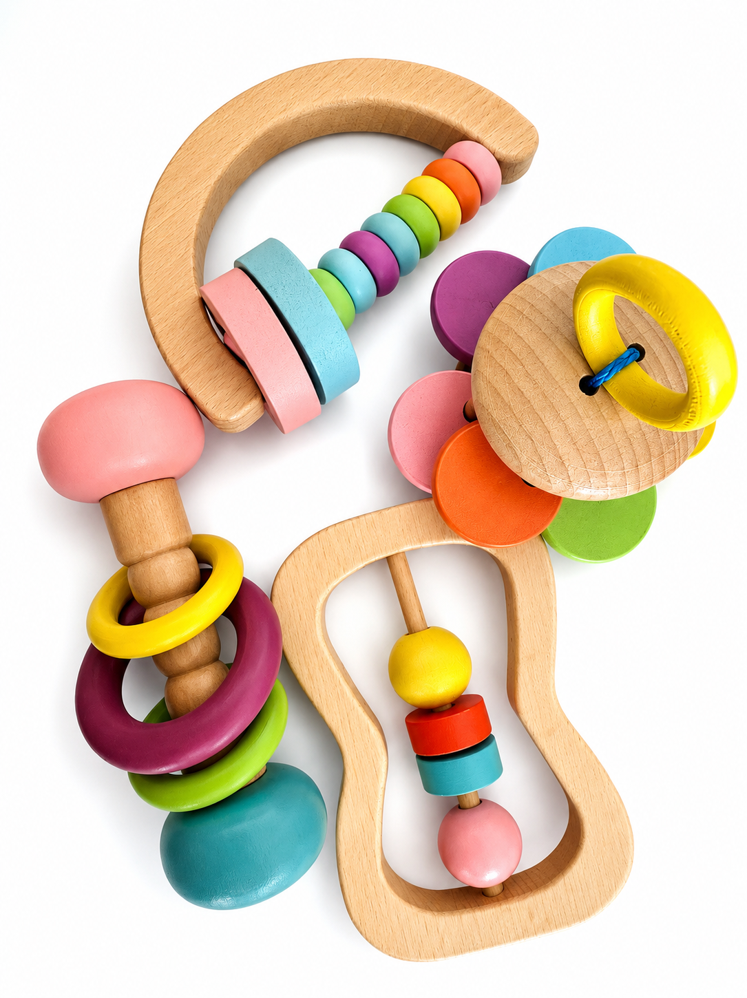 4-teiliges Babyspielzeug-Set aus Holz – Beißring für das Handgelenk und Glöckchen