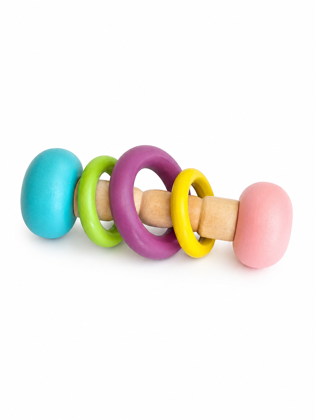 4-teiliges Babyspielzeug-Set aus Holz – Beißring für das Handgelenk und Glöckchen