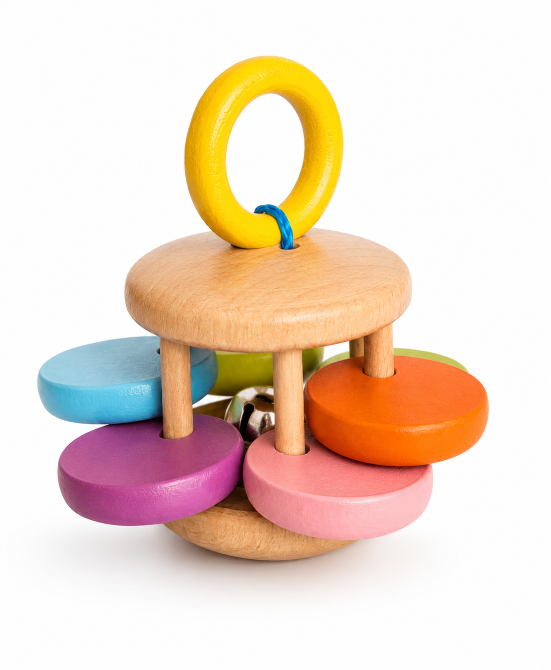 4-teiliges Babyspielzeug-Set aus Holz – Beißring für das Handgelenk und Glöckchen