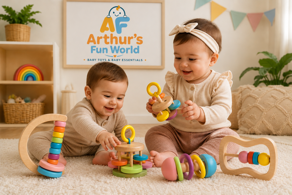 4-teiliges Babyspielzeug-Set aus Holz – Beißring für das Handgelenk und Glöckchen