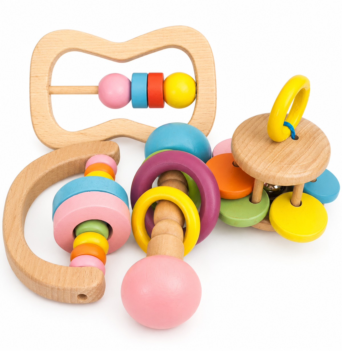 4-teiliges Babyspielzeug-Set aus Holz – Beißring für das Handgelenk und Glöckchen