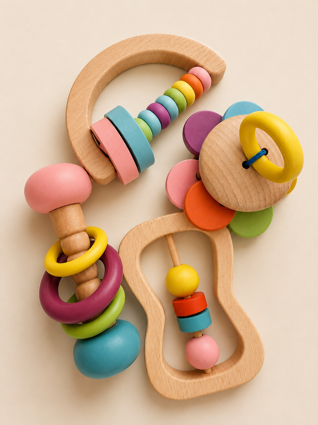 4-teiliges Babyspielzeug-Set aus Holz – Beißring für das Handgelenk und Glöckchen